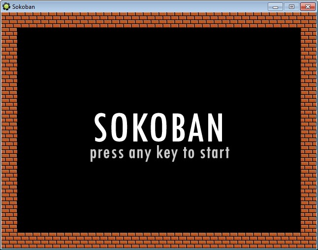 Het titelscherm van Sokoban. Zet ook je speakers aan!